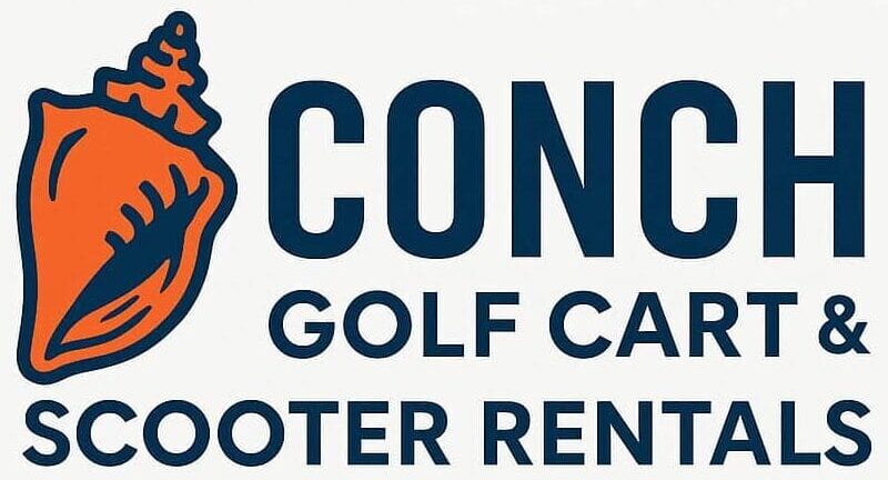 Conch golf cart and scooter rentals logo on white background.